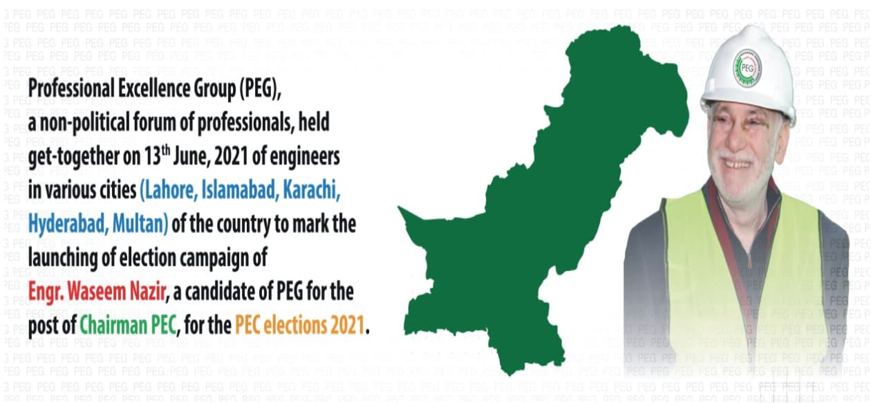 Campaign graphic with a map of Pakistan and a portrait of Engr. Waseem Nazir announcing the launch of PEG's 2021 PEC election campaign.